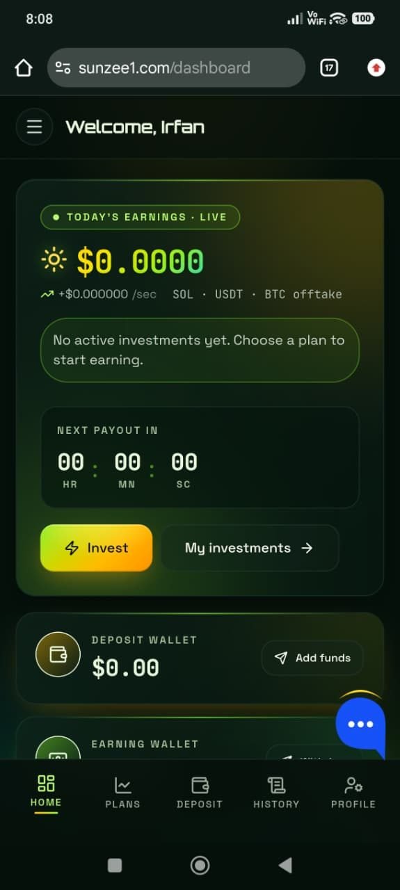 Sunzee1 dashboard showing a live 'Today's Earnings' counter ticking per second, a next-payout timer, and Invest button.