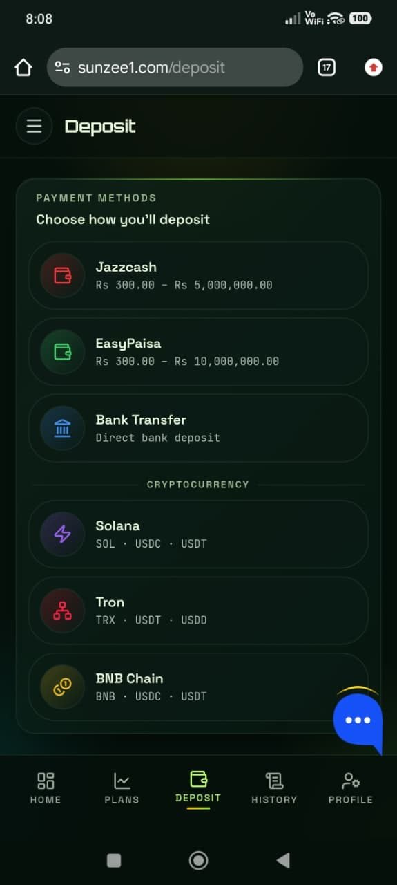 Sunzee1 deposit page listing JazzCash and EasyPaisa from Rs 300 up to millions, bank transfer, and Solana, Tron and BNB Chain crypto options.