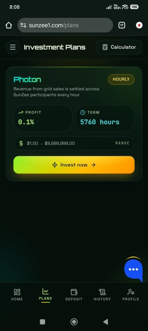 Sunzee1 Investment Plans page showing the Photon plan paying 0.1% profit hourly over a 5760-hour term with an Invest now button.