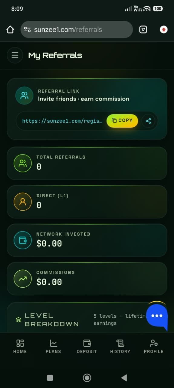 Sunzee1 My Referrals page with a copyable invite link, commission tracking, and a 5-level lifetime-earnings breakdown.