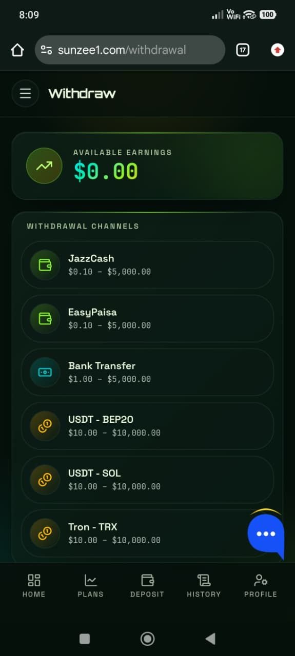 Sunzee1 withdrawal page showing JazzCash, EasyPaisa and bank transfer capped at $5,000, and USDT on BEP20, SOL and TRX capped at $10,000, with available earnings of zero dollars.